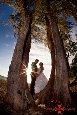 Oahu Wedding Photographers Sunburst wedding couple