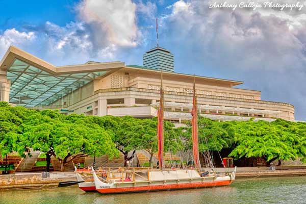 Photo of the Hokulea at the Hawaii Convention Center